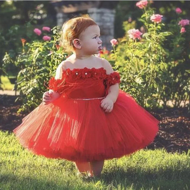 Pudcoco Toddler Baby Girls Summer Red Dress Lace Appliques Flower Gown Formal Party Wedding Tulle Tutu Dresses Vestidos | Детская одежда
