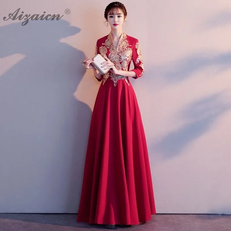 Red Fashion Chinese Traditional Evening Dress Bride Slim Cheongsam Long Dresses Qi Pao Women Oriental Style Marry Party Gown