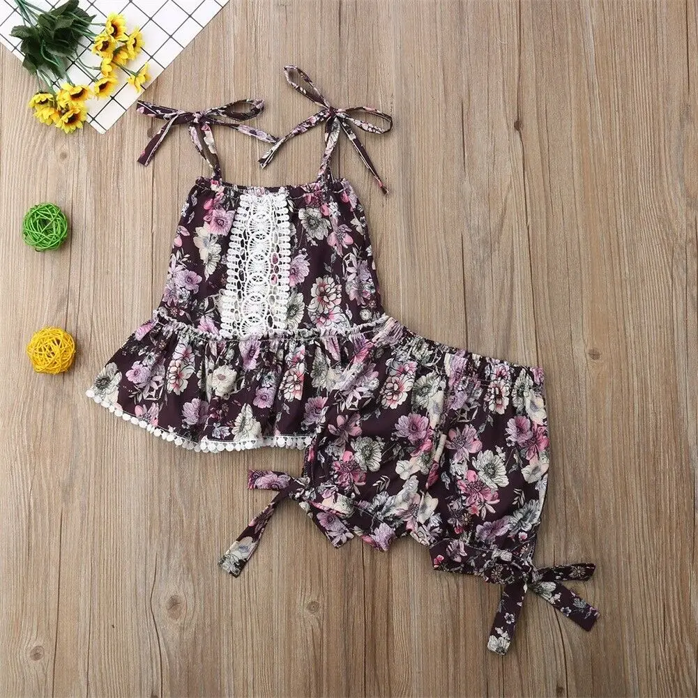 Летний комплект одежды для девочек из 2 предметов кружевной топ без рукавов с