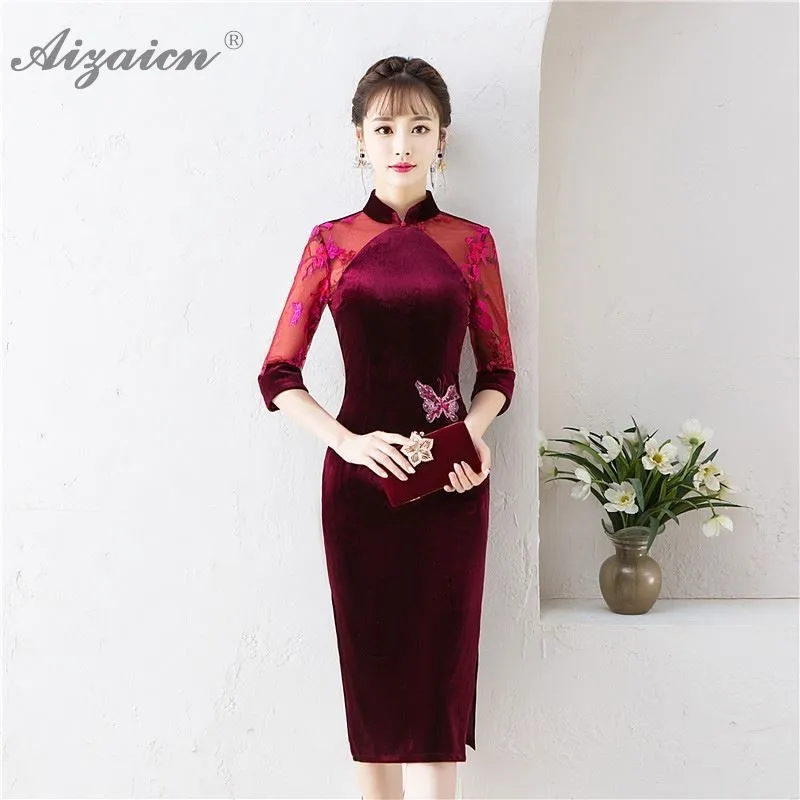 Женское бархатное платье Cheongsam темно-зеленое длинное с вышивкой традиционная