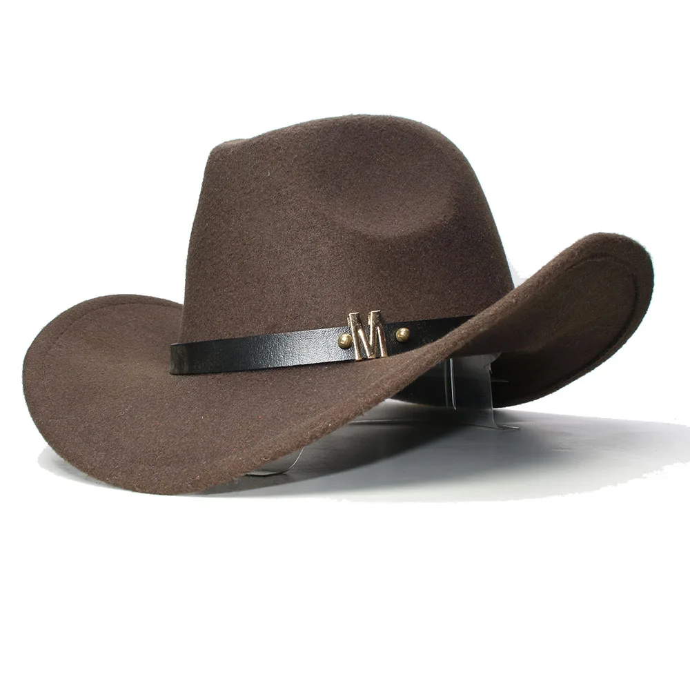 LUCKYLIANJI Vintage Women Men  Wool Wide Brim Cowboy Western Cowgirl Bowler Hat Fedora Cap M Letter Leather Band (54/57/61CM))