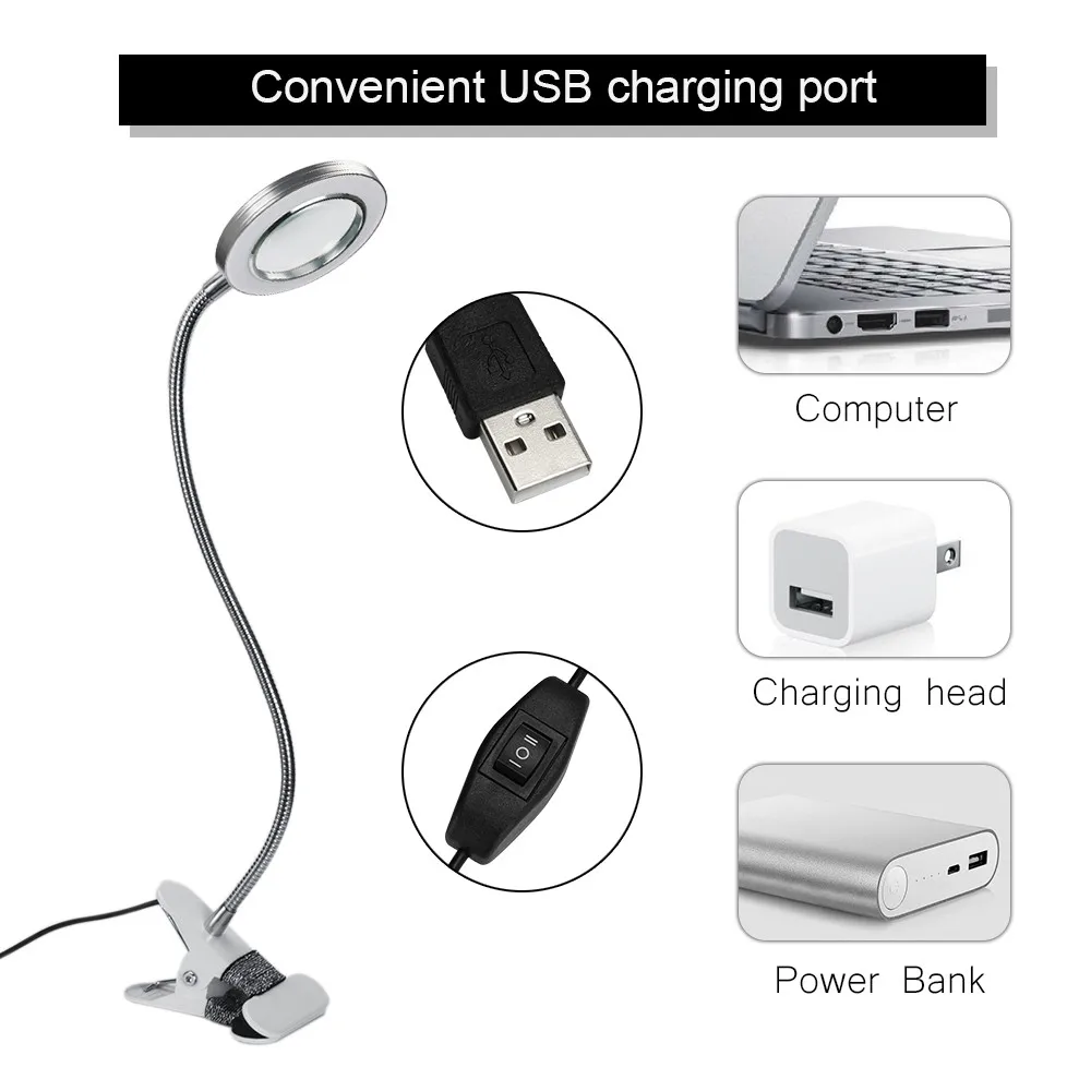 Настольная лампа с клипсой Регулируемый USB светильник холодного белого цвета для