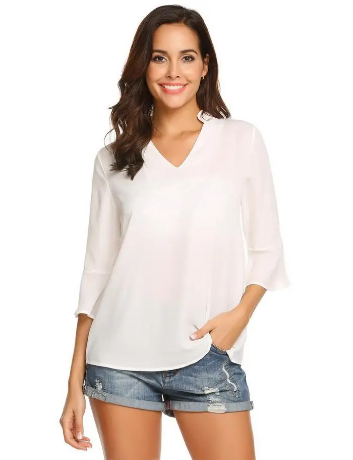 Women Casual Solid V Neck Flare Sleeve Loose Shirts Height 176cm Bust 88cm Waist 59cm Hip 90cm Chiffon Tops |