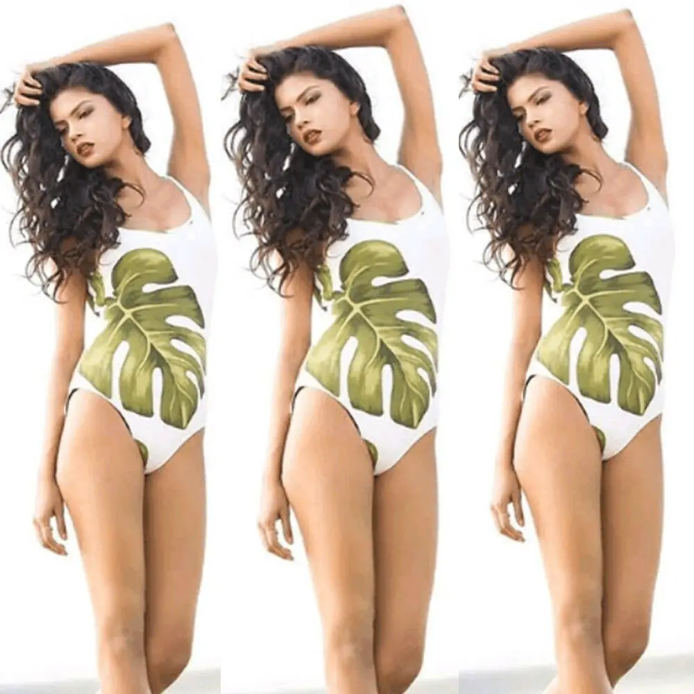 Женское сексуальное бикини с принтом зеленых листьев Цельный купальник открытой