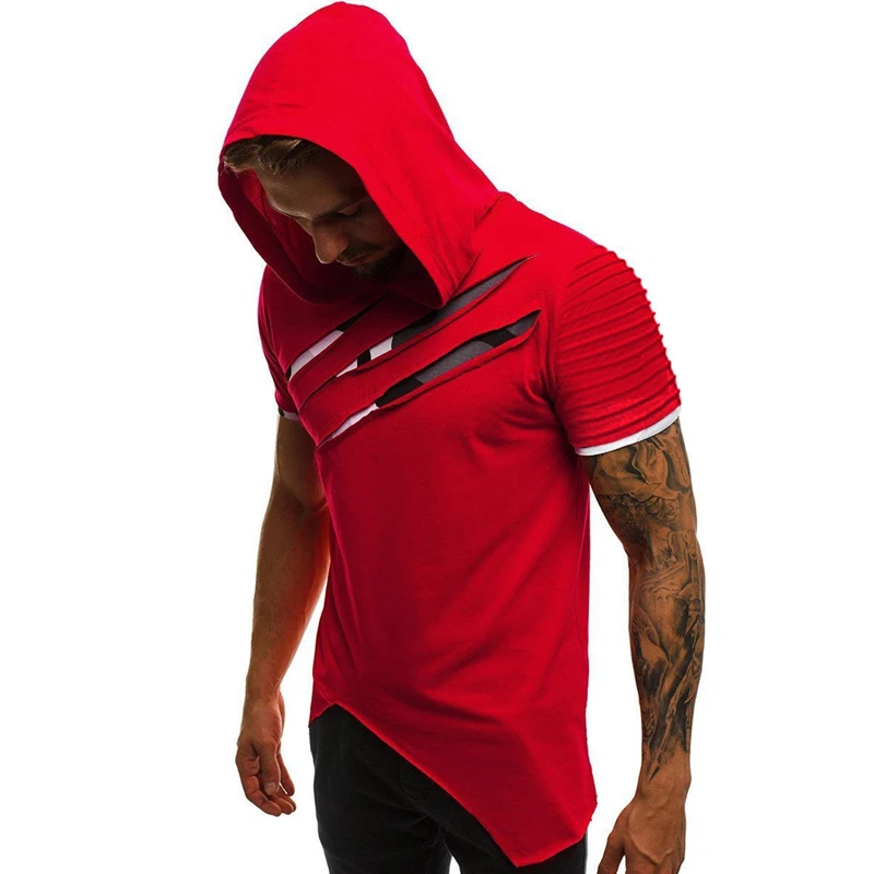 Мужская Асимметричная футболка с капюшоном Camisa Masculina летняя коротким рукавом и