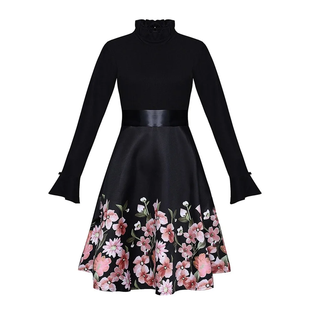 Women Vintage Dress Elegant A Line Swing Flower Print Flare Sleeve Sash Slim Party Office Ladies Black Midi Dresses | Женская одежда