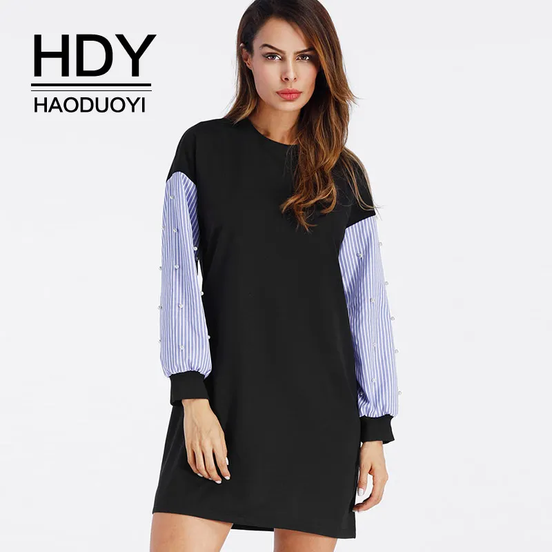 HDY Haoduoyi лоскутное прямое платье с длинным рукавом полосатый жемчуг бисер мини