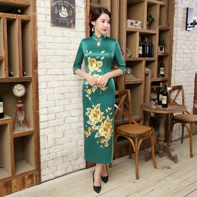SHENG COCO размера плюс Китай красный низ золотой цветок атласный Чонсам с длинными