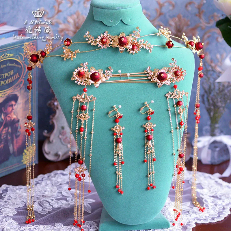 Китайская Красная корона Феникс серьги кольца древняя кисточка свадебные