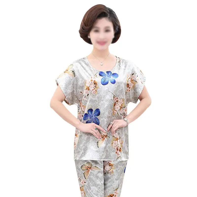 Костюм для сна женщин среднего возраста мам пожилых пижамы имитация шелка с