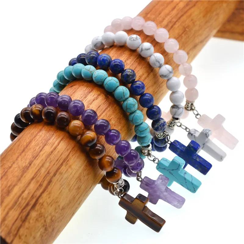 

Natural Stone Bead Bracelets 8mm Beaded Cross Charm Bracelets & Bangles Pulsera For Women And Men Jewelry Lol