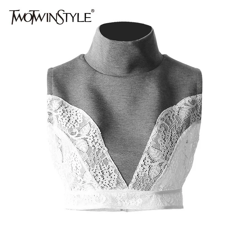 TWOTWINSTYLE кружевная водолазка в стиле пэчворк женский жилет без рукавов