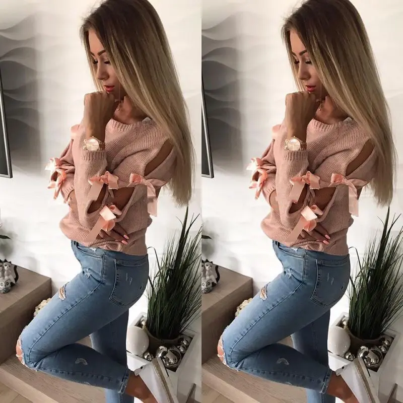 New Women Bow Hollow out Longsleeve Warm Sweater Pullover Knitting Loose O-Neck Tops Blouse Knitwear | Женская одежда