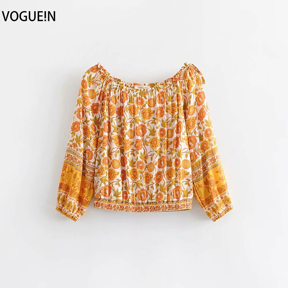 Женская блузка с цветочным принтом Boho оранжевая открытыми плечами | одежда