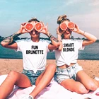 Fun Brunette Smart Blonde Printed BBF Best Friends T Shirt Women Short Sleeve Loose Shirt Funny Graphic Tee Designer Summer Top
