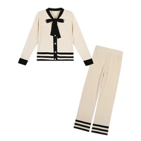 bow tie collar sweater top wide leg pant 2 piece suit women striped sweater suit sets knitted cardigans pants set tracksuits