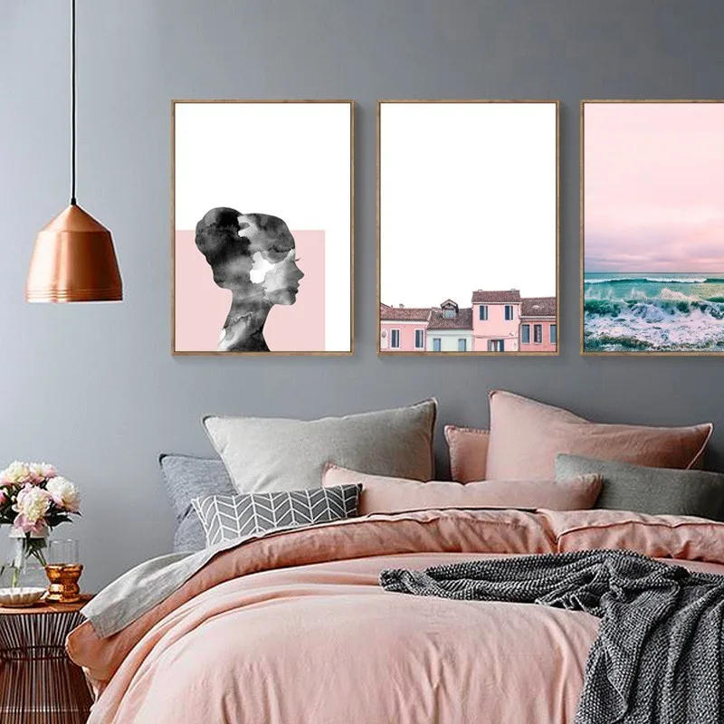 SURE LIFE Ins Nordic Landscape Pink Abstract Face Canvas Paintings Poster and Print Pop Wall Art Pictures Living Room Home Decor | Дом и сад