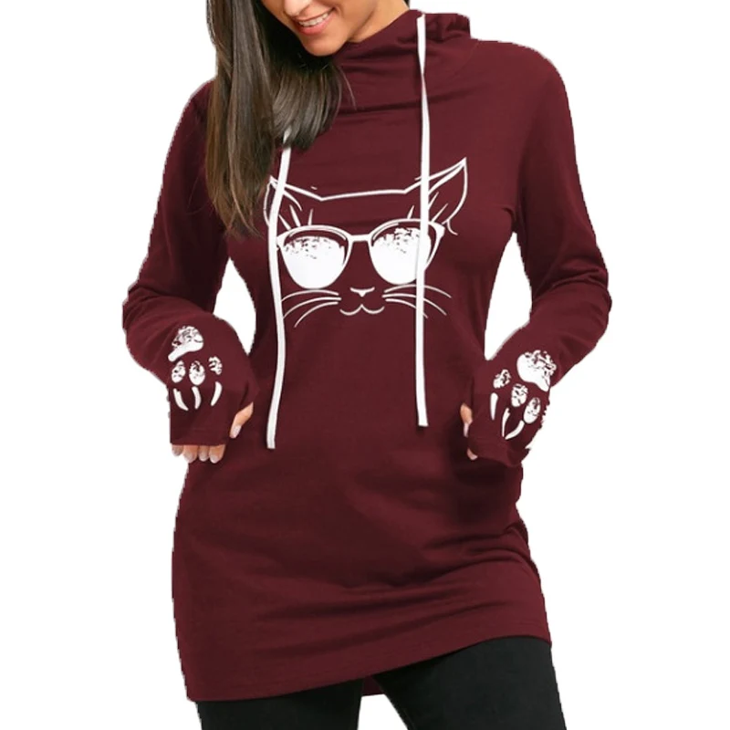 S-5xl Oversize Cat Printed Hoodies Sweatshirts Female Casual Long Sleeve Mid Hoody Fashion Pullover Sweatshirt Women Ladies | Женская