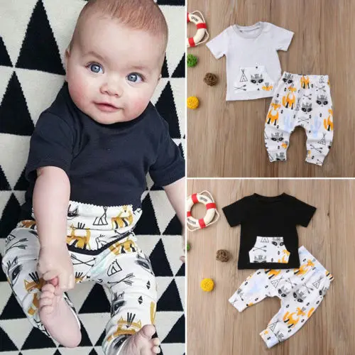 Newborn Toddler Kids Baby Boy Cartoon Fox Outfit Clothes T-shirt Tops Pants Legging |