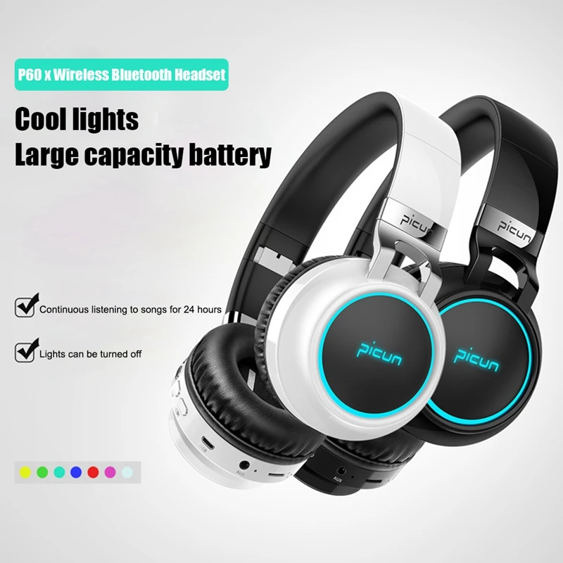 Беспроводные наушники Picun P60 Bluetooth светящиеся 24 часа работы mp3 плеер с микрофоном