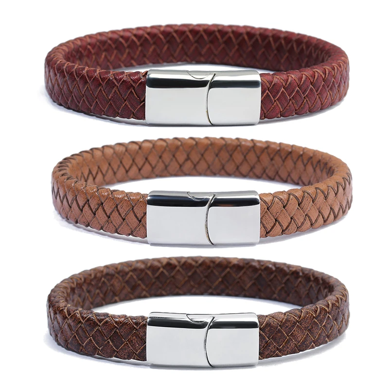 

XINYAO Red Brown Black 100% Genuine Braided Leather Wrap Bracelet Men Women Stainless Steel Magnet Wide Bracelets Pulsera