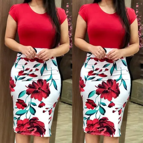 Women Patchwork Casual Evening Party Dresses Vintage Floral Print Bodycon Short Sleeve Dress Summer | Женская одежда