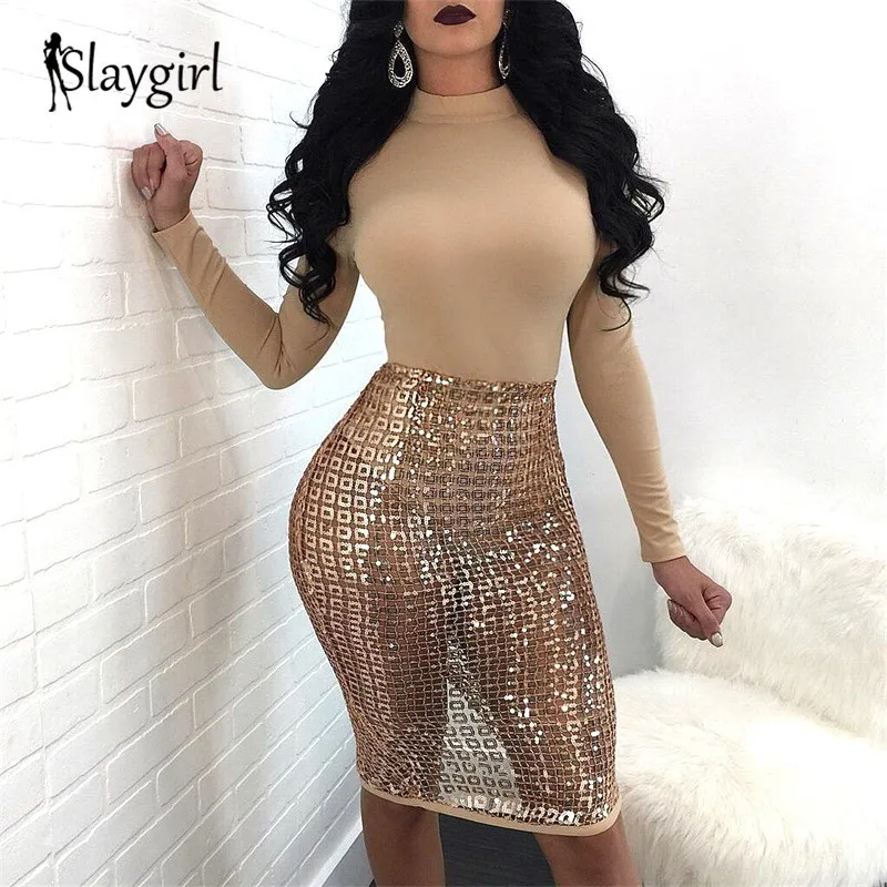 Женское платье с блестками Slaygirl осенне-зимнее Клубное длинным рукавом для