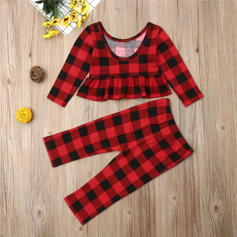pudcoco Fashion Kids Baby Girl red plaid clothes set Spring Outfit girls cotton long sleeve T-shirt Top+Pants 2PCS Sets 1-5Y | Детская