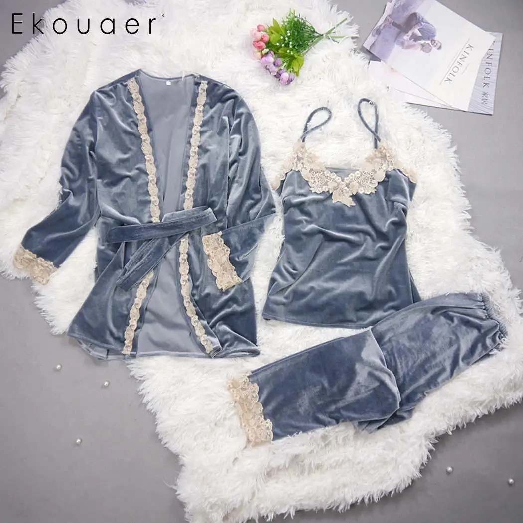 Ekouaer бархатные пижамные комплекты из 3 предметов халаты женский сексуальный