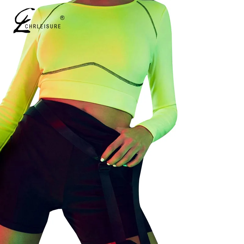 CHRLEISURE модная флуоресцентная Футболка женская футболка с длинным рукавом