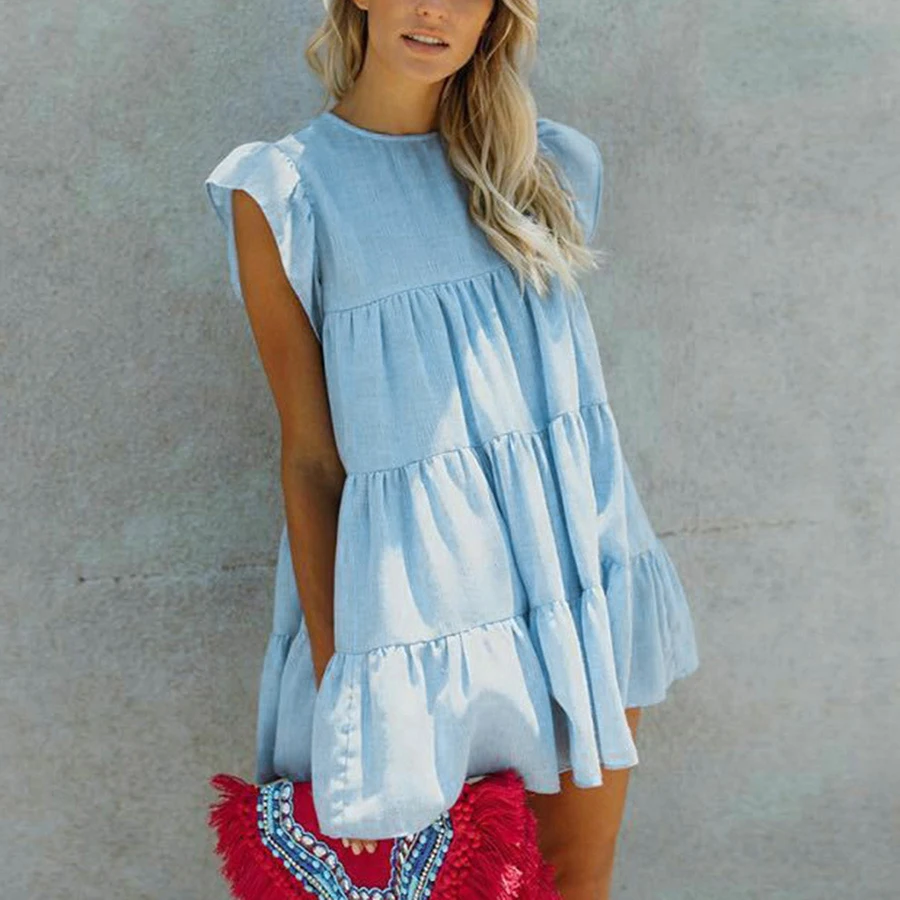 Женское летнее Мини-Платье на бретелях с круглым вырезом и коротким рукавом