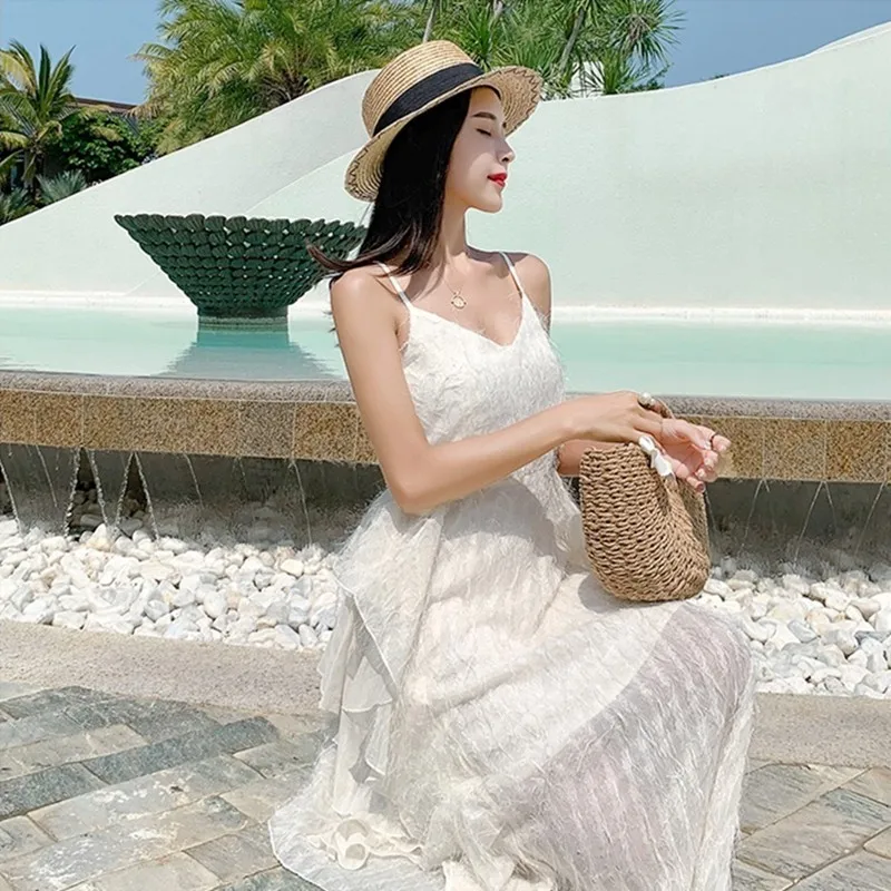 2019 Summer Women Elegant Spaghetti Straps Ruffles Boho Dress Ladies High Waist Sexy V Neck Backless Long Beach Dresses Vestidos | Женская