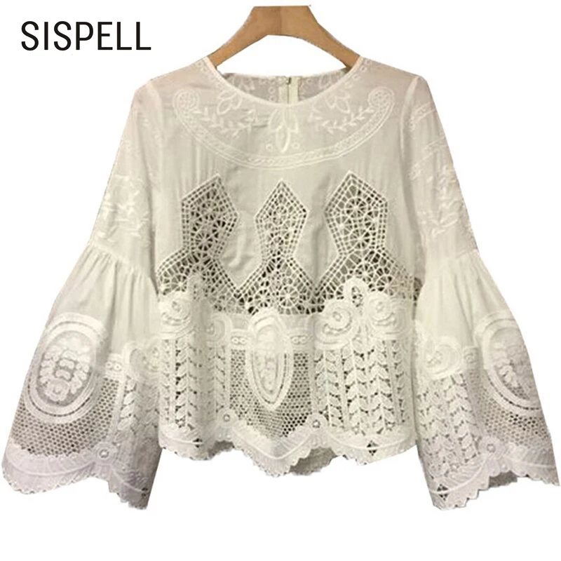 SISPELL/белые кружевные футболки для женщин с круглым вырезом свитер расклешенными