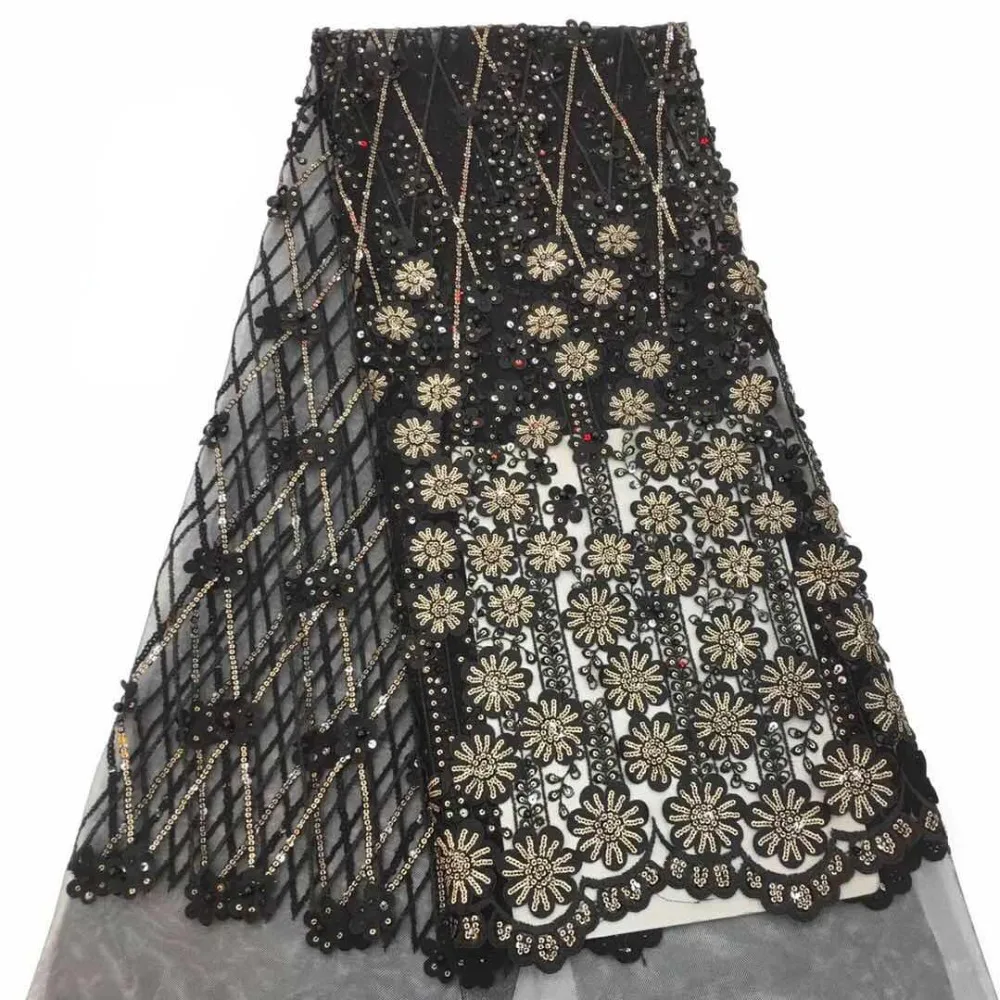 

High quality African sequins lace fabric 2019 embroidery beaded french net lace sequence Nigerian tulle lace fabrics for wedding