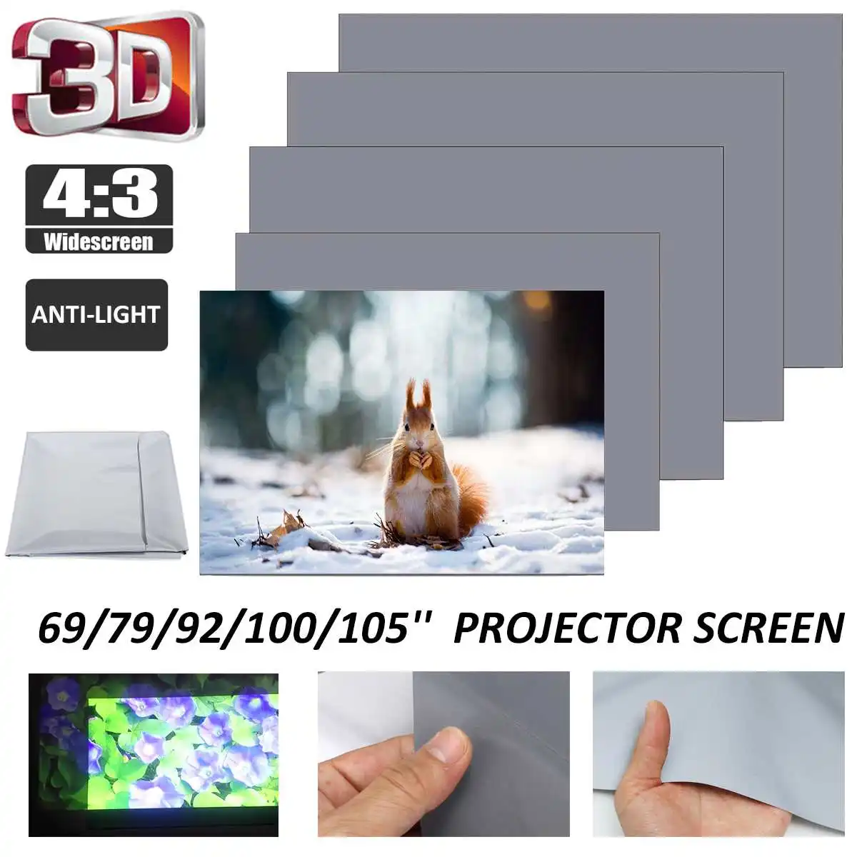 69/79/92/100/105 дюймов складной светоотражающей тканью проекции Экран 3D анти-светильник на открытом воздухе Проектор для домашнего кинотеатра Экран