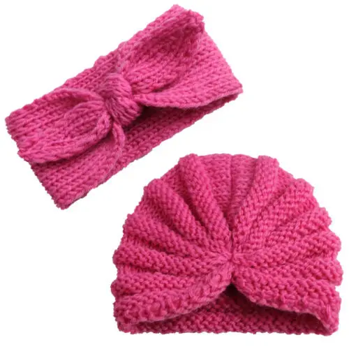 2019 Brand Cute Baby Girls Boys Bow Turban Hat 2Pcs Toddler Kids New Winter Warm Solid Knit Head Wrap Hijab Headband Cap Set | Детская