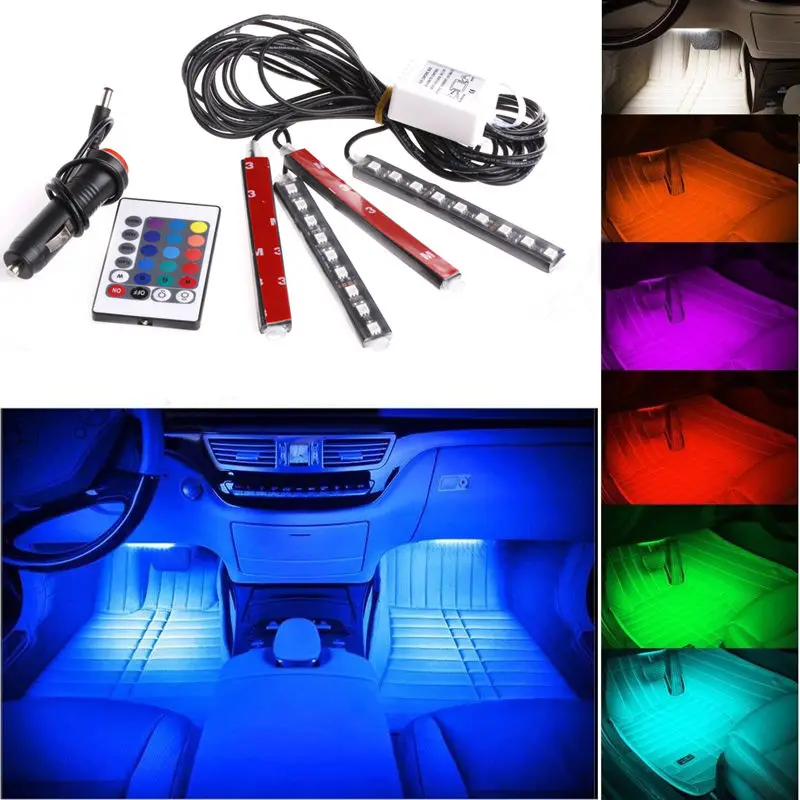 AMADFJD 4 шт. 9LED дистанционное управление цветной RGB пол салона автомобиля Атмосфера