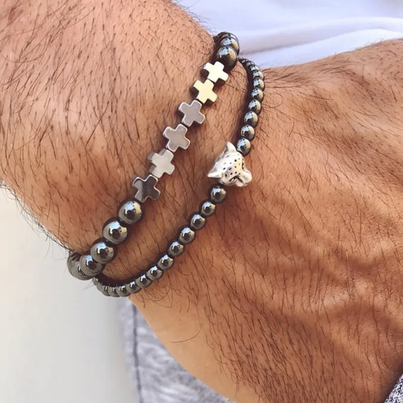 

Crosses Hematite Bracelet men unique charms Jewelry tiger skull made beads Men's bracelets Luxury Handmade pulsera hombre joyas