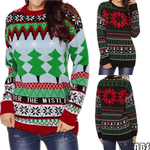 Ladies Xmas Long Sleeve O-Neck Casual Knitted Pullover Top Unisex Women Men Christmas Sweater | Женская одежда