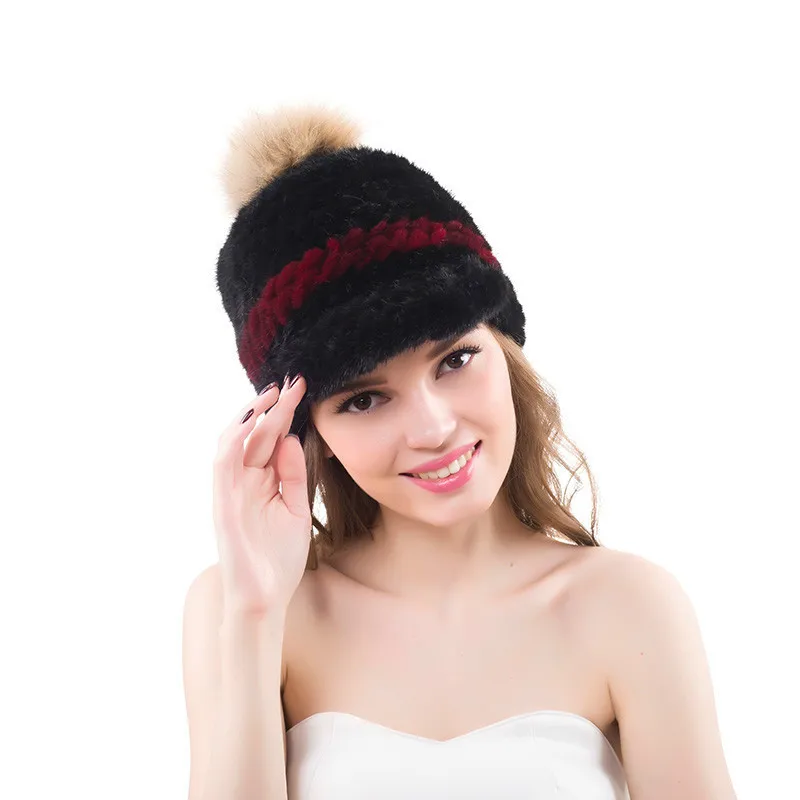 Real Mink Fur Hats With Raccoon Pompom Winter Warm Fashion Women Visors Hat Caps |