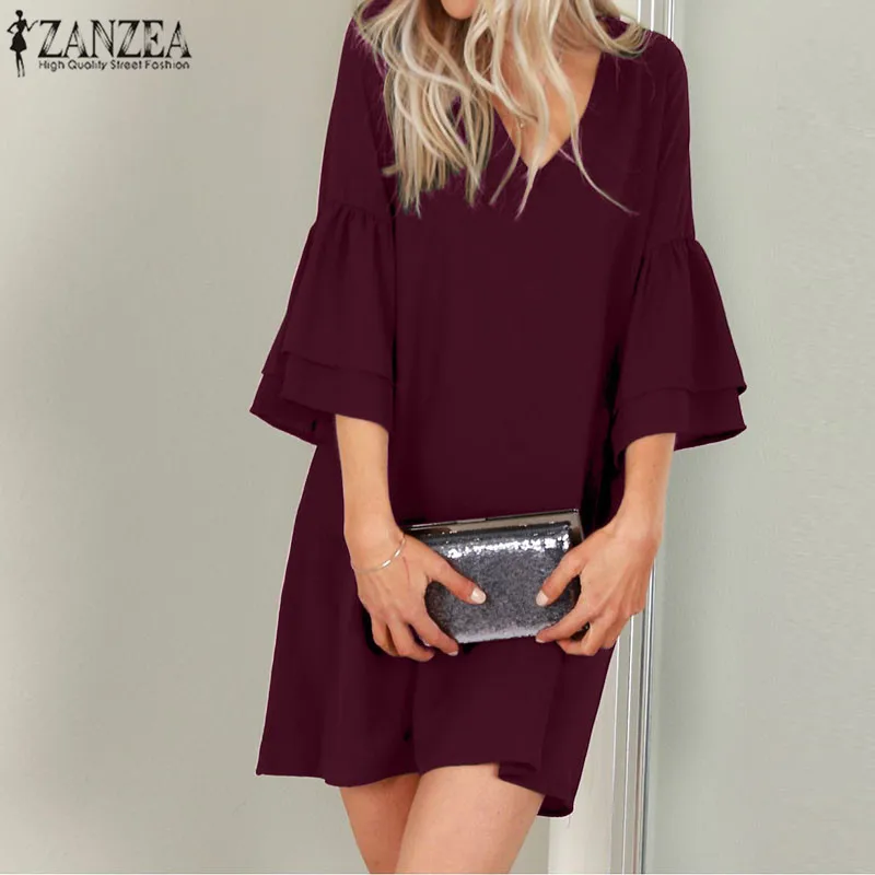Женское Короткое платье ZANZEA, летнее модное платье для вечеринки, сексуальный Однотонный сарафан с глубоким v-образным вырезом и рукавами-фонариками, Клубные мини платья, топы Vestido