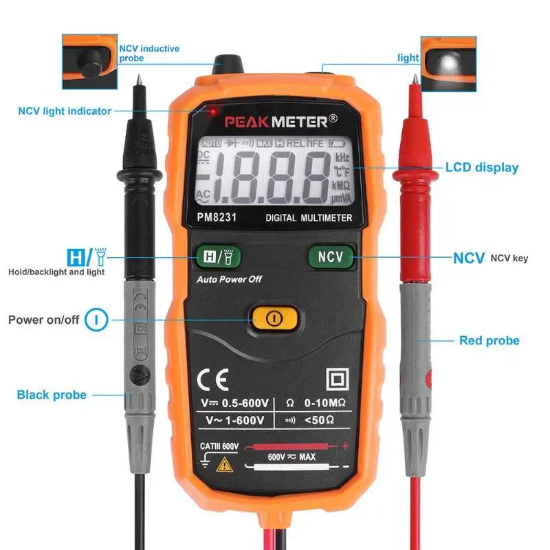 Peakmeter PM8231 Авто Диапазон Цифровой мультиметр удержания данных AC/DC напряжение