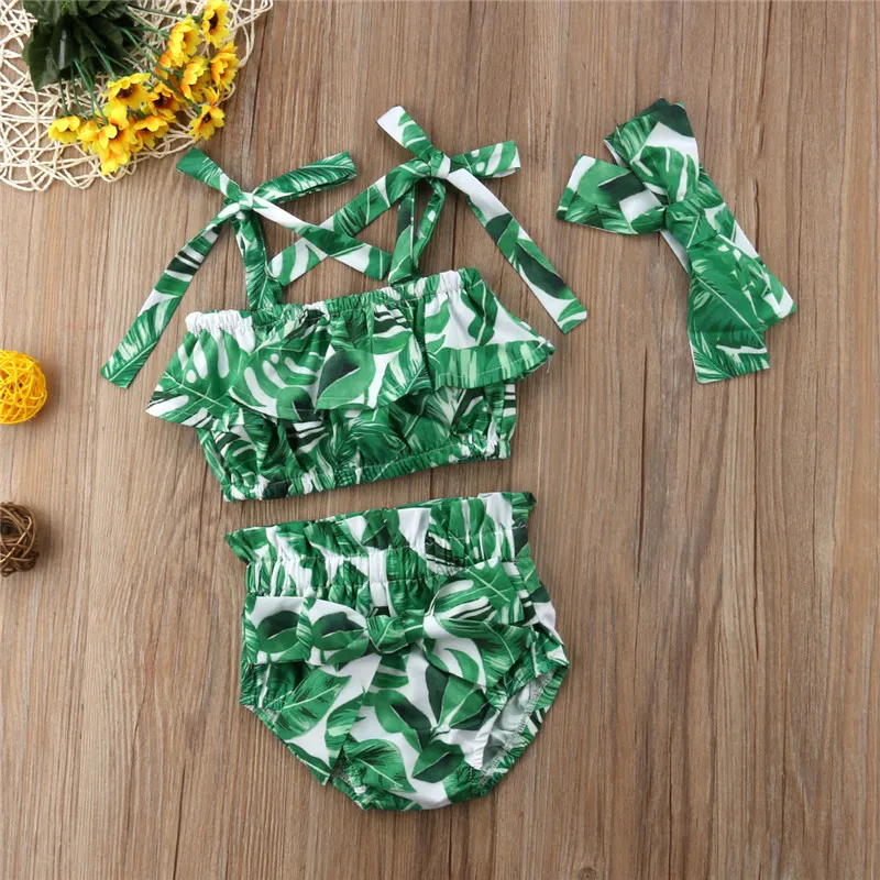3PCS Toddler Baby Kids Girls Bathing Suit Swimsuit Floral Strap Crop Tops Shorts Headband Outfits Beach Set | Спорт и развлечения