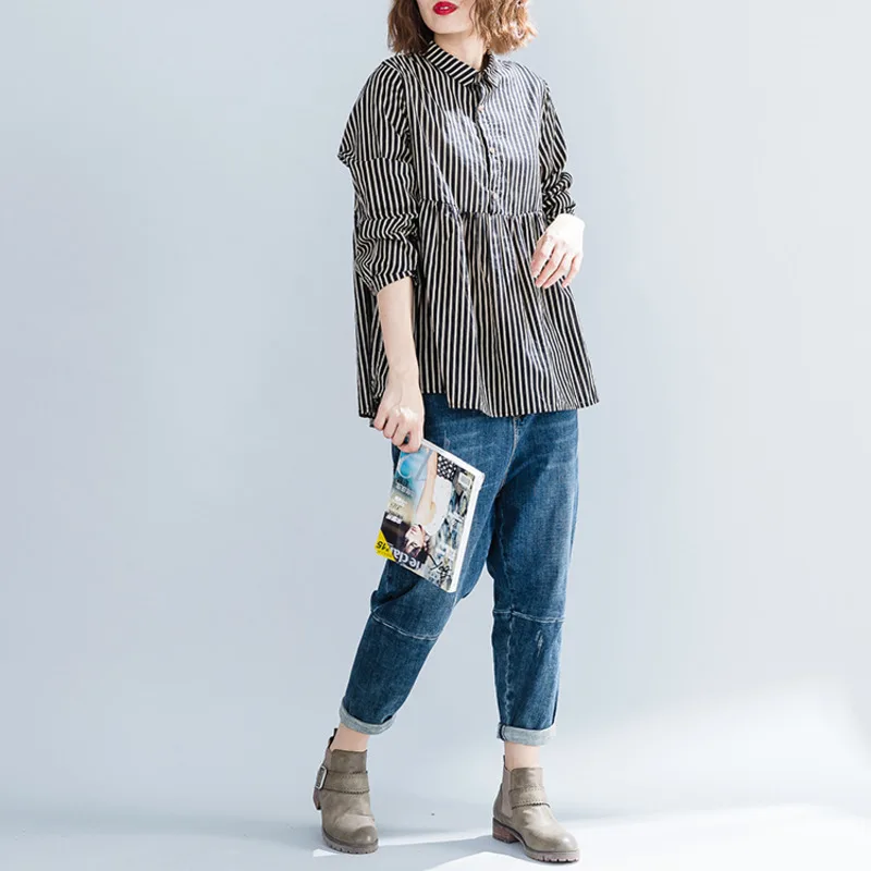 BUYKUD Women Spring Autumn Striped Shirt Casual Long Sleeves Spliced Cotton Turn-down Collar Plus Sized High Waist |