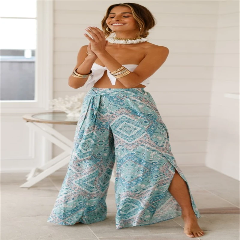 Новые женские длинные брюки Boho с высокой талией цветочным принтом свободные