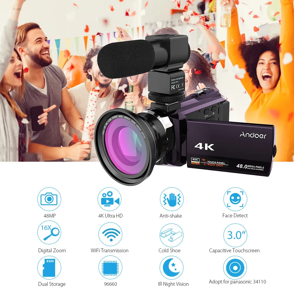 Видеокамера Andoer 4K 1080P 48 МП Wi-Fi с 3-дюймовым емкостным сенсорным экраном |