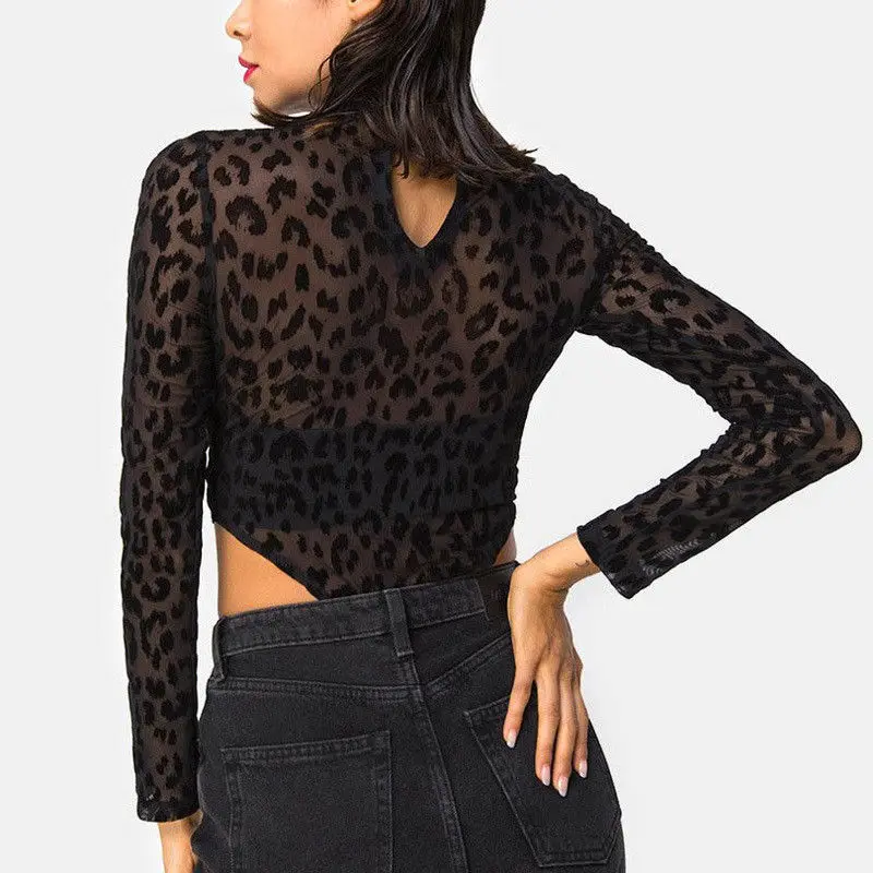 

Summer Sexy Women Sheer Mesh Leopard Printed Bodysuits Jumpsuit Long Sleeve Top Turtleneck Slim Bodysuit See-through Playsuits