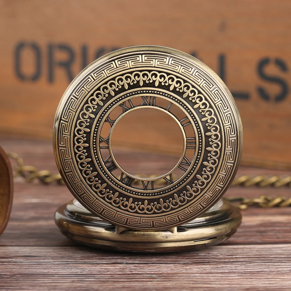 Bronze Carved Pocket Watch for Men Mechanical Movement Boys Golden Frame Hollow Roman Numeral Watches | Наручные часы