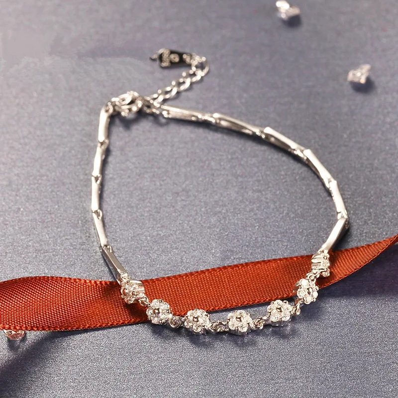 

Drill Flower-inlaid Bracelet 925 Gift Charm Bangle Bracelets Silver Color for Girl Cubic Zirconia Bizuteria Jewelry