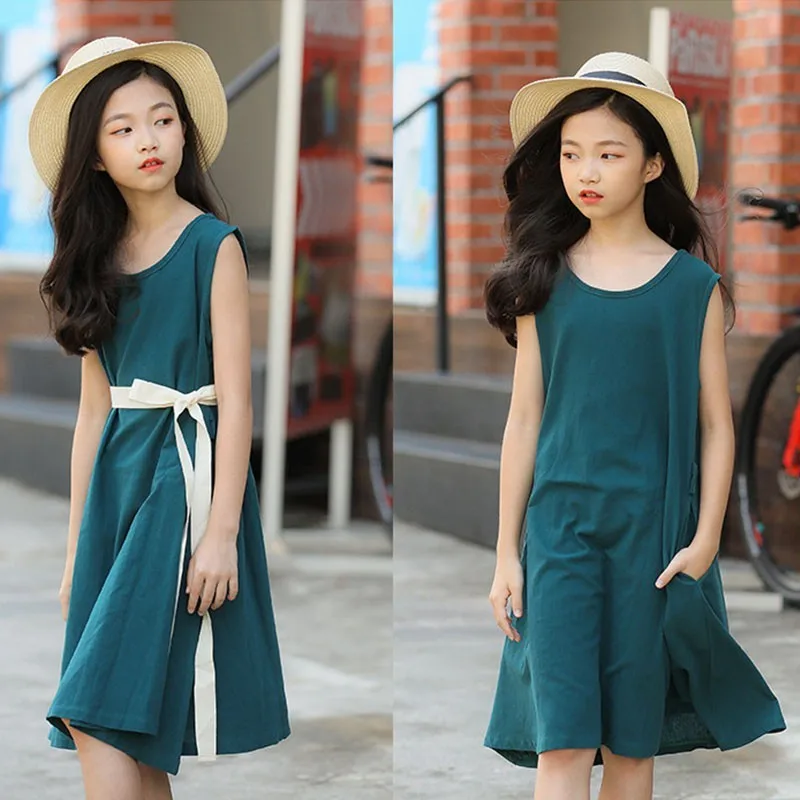 Teenage Child Girl Dress Princess Cotton Linen Summer 2019 Kids Dresses For Girls 15 17 13 11 9 7 5 Years Old Green Yellow | Детская